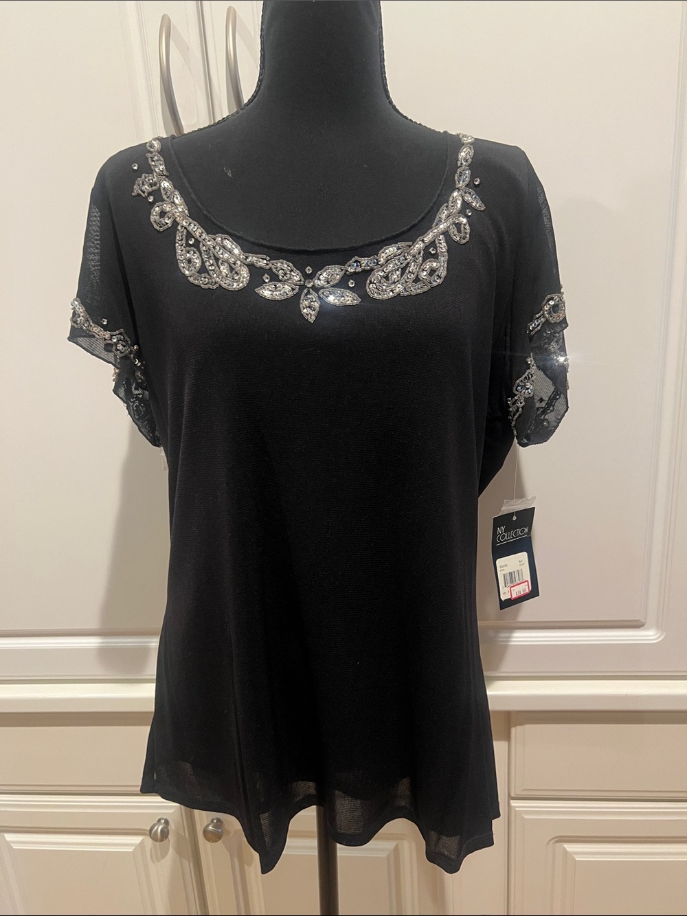 NY Collection Black Short-Sleeve Scoop Neck Blouse with Silver Embellishment